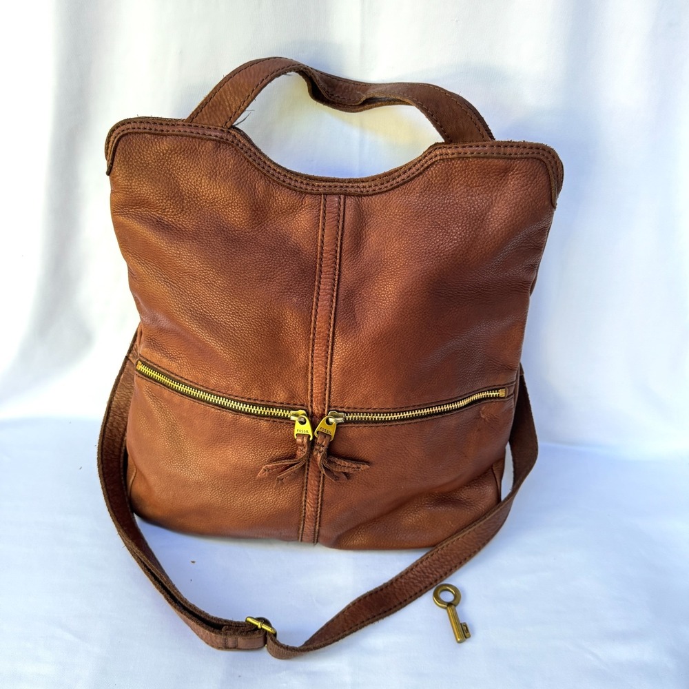 Fossil Erin Foldover Brown Women's Leather Crossbody Bag Signature Key Charm